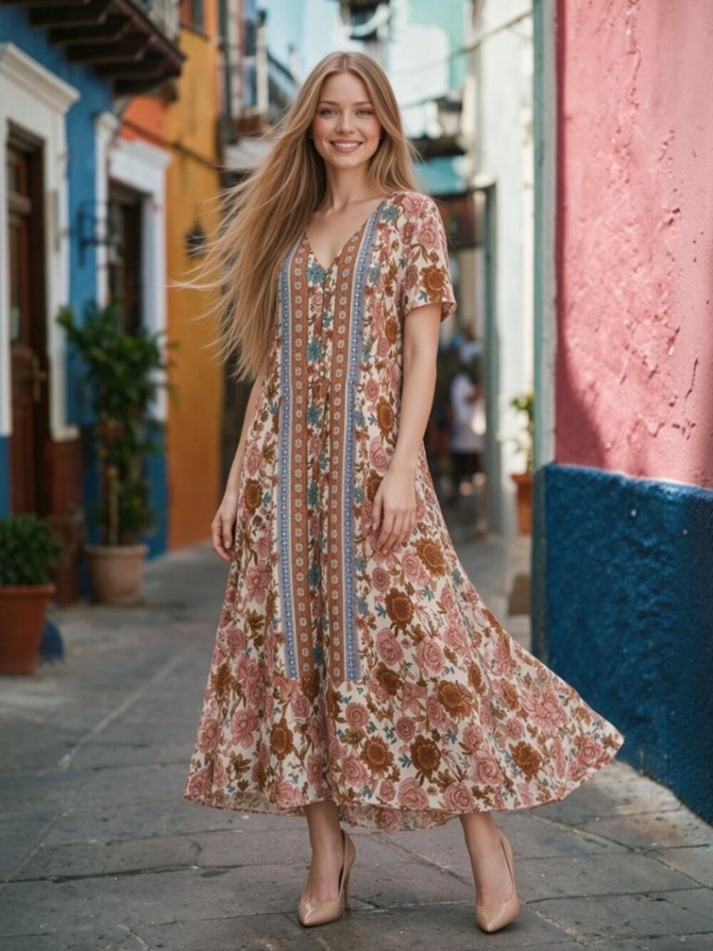 Matilda Jane Floral Maxi Dress in Pink & Blue Size L